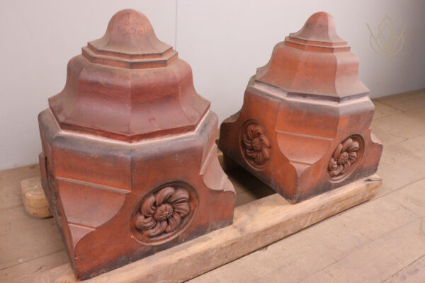 Pair of Ornate Floral Victorian Red Terracotta Ornate Pier Caps - WM12057