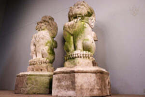 Pair of Limestone Carved Stone Lions on Plinths - WM12099