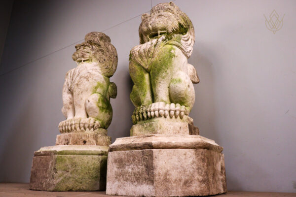 Pair of Limestone Carved Stone Lions on Plinths - WM12099