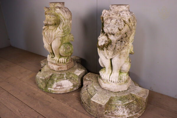 Pair of Limestone Carved Stone Lions on Plinths - WM12103