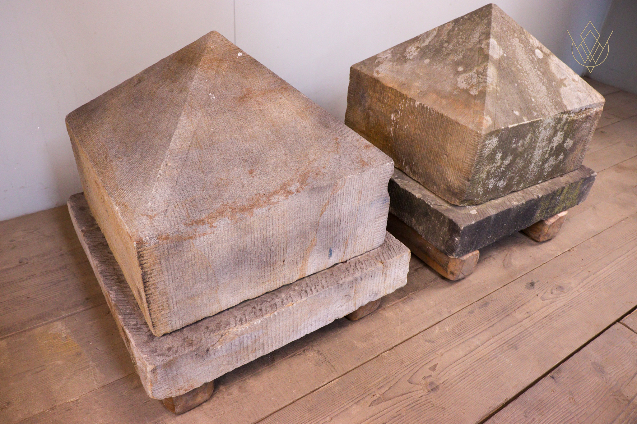 Large Victorian Sandstone Pier Caps on Stone Bases - WM12254