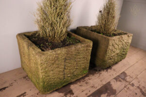 Large Pair of Gritstone Carved Stone Water Troughs/Planters - WM12365