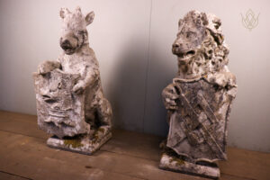 Pair of Large 19th Century Carved Stone Heraldic Lion & Boar Limestone Finials - WM12419