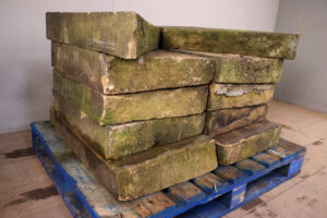 19.5ft - 19" x 4"-5" 19th Century Tapered Once Weathered Sandstone Coping Stones - WM12446
