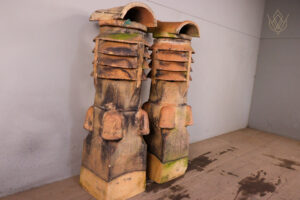 Pair of Victorian Buff Terracotta Chimney Pots & Cowls - WM12447