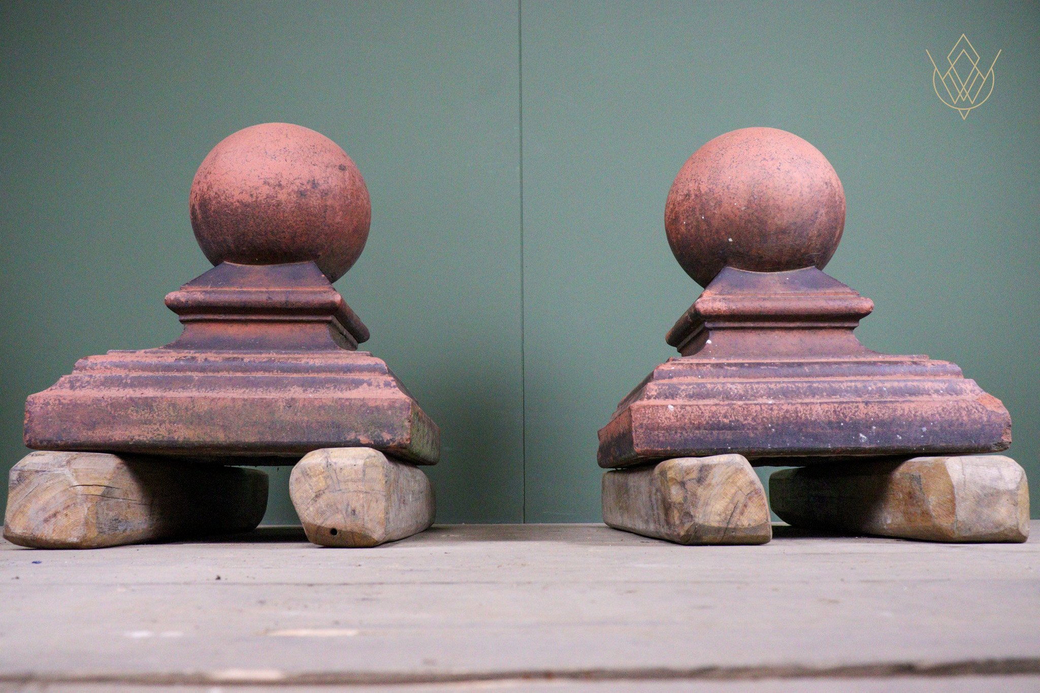 Pair of Victorian Ball Top Red Terracotta Pier Caps - WM12582 - Image 3