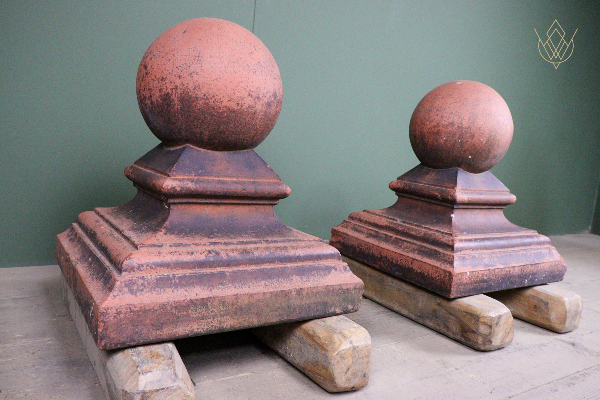 Pair of Victorian Ball Top Red Terracotta Pier Caps - WM12582 - Image 2
