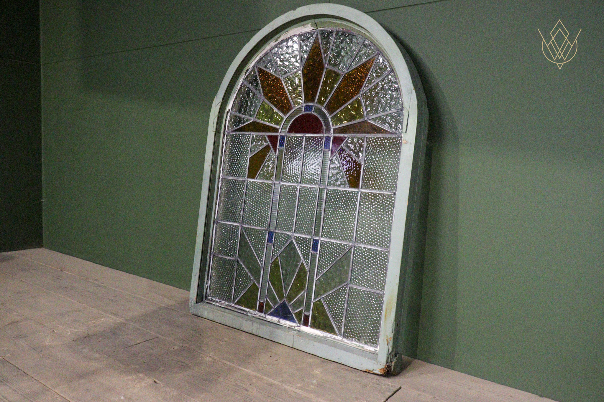 Large Art Deco Stained Glass Window & Wooden Frame - WM12637