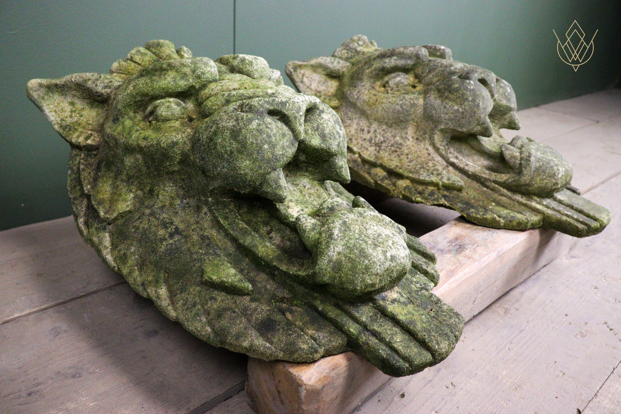 Pair of Composition Stone Lions Heads - WM12639